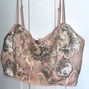 Beige Sequin Floral Crop Top